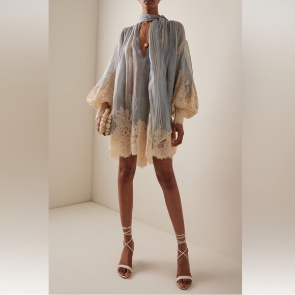 Zimmermann Lyrical Lace Edge Linen Silk Mini Dress Sz 0 - Picture 3 of 11
